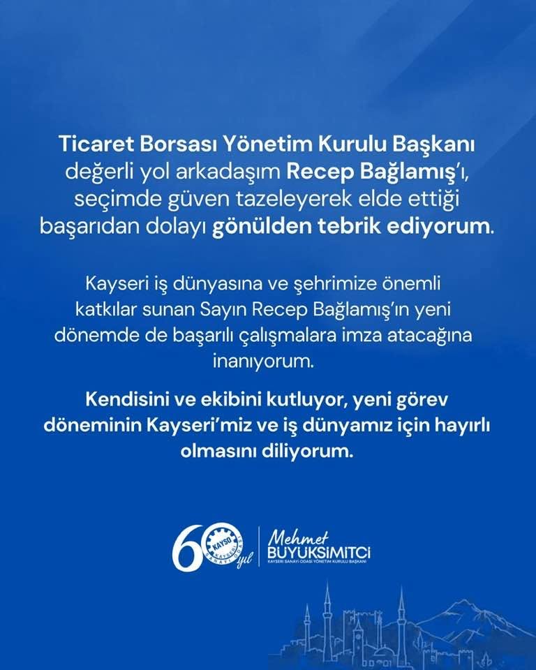 KAYSO Başkanı Büyüksimitçi'den KTB Başkanı Recep Bağlamış'a Tebrik Mesajı