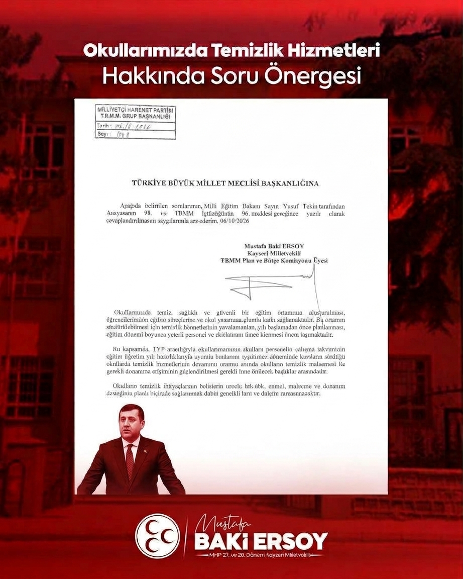 Baki Ersoy’dan okullarda temizlik hizmetleri için soru önergesi
